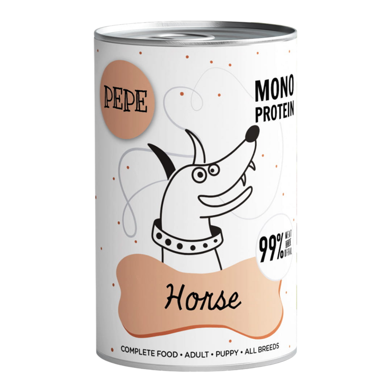 Zirga gaļa pilnvērtīga un sabalansēta MONOPROTEĪNA mitrā barība visu šķirņu kucēniem un pieaugušiem suņiem 400g
