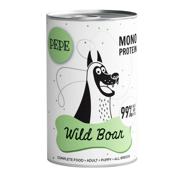 Mežacūkas gaļa pilnvērtīga un sabalansēta MONOPROTEĪNA mitrā barība visu šķirņu kucēniem un pieaugušiem suņiem 400g