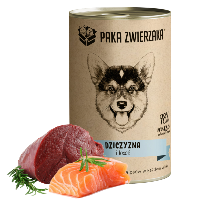 Mežacūkas gaļa ar lasi pilnvērtīga un sabalansēta mitrā barība visu šķirņu kucēniem un pieaugušiem suņiem 400g