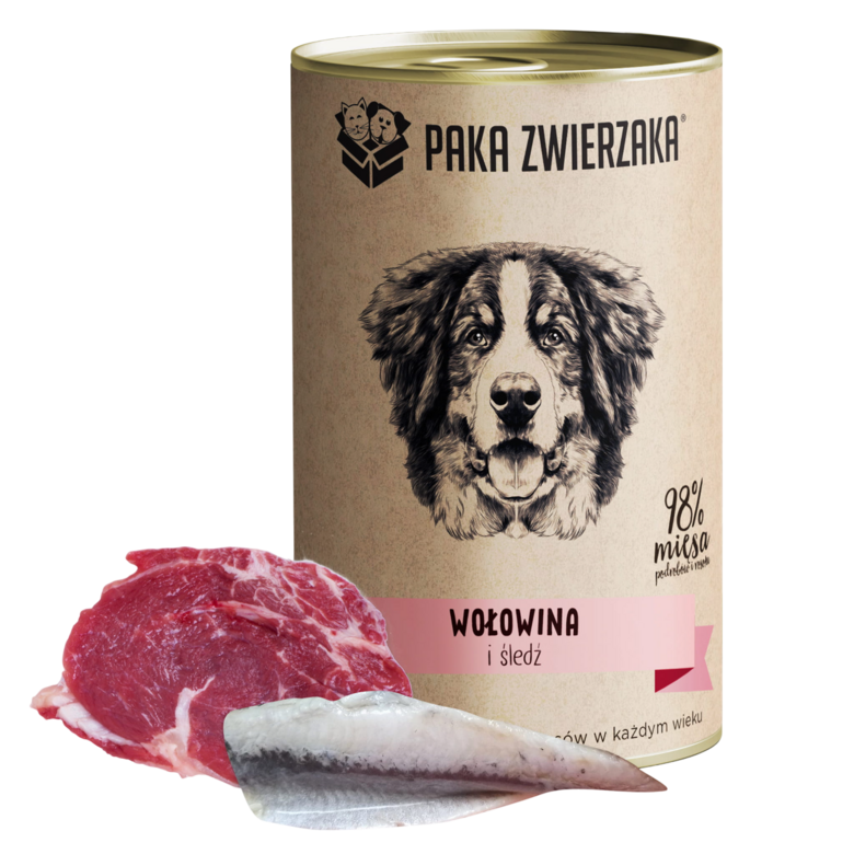 Liellopu gaļa ar siļķi pilnvērtīga un sabalansēta mitrā barība visu šķirņu kucēniem un pieaugušiem suņiem 400 g