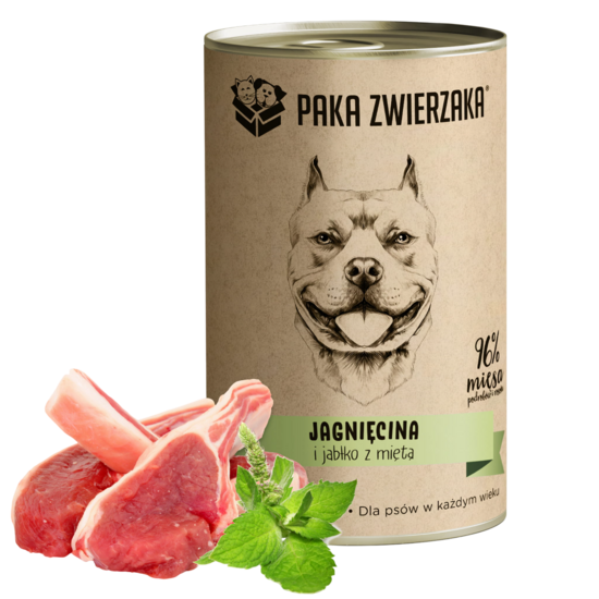 Jēra gaļa ar ābolu un piparmētru pilnvērtīga un sabalansēta mitrā barība visu šķirņu kucēniem un pieaugušiem suņiem 400g